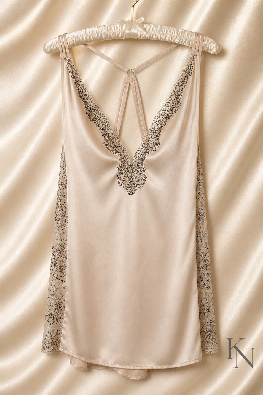 Victoria’s Secret Satin Slip Dress Large Ivory Black Lace Strappy Back